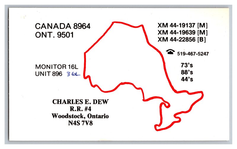 Postcard QSL CB Ham Radio Amateur Card From Woodstock Ontario Canada XM 44-22856