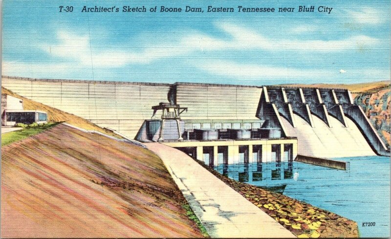 Boone Dam Architects Sketch Bluff City Tennessee Scenic Landmark Linen Postcard 