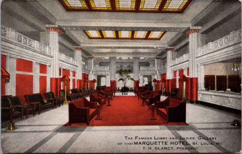 Postcard Lobby and Ladies Gallery of the Marquette Hotel in St. Louis, Missouri