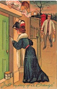 Just by Way of a Change-Woman Comes Home 5am-Husband Waits-Milkman~1908 POSTCARD