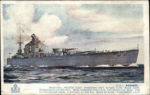 British Battleship HMS Rodney Nelson Class Vintage Postcard