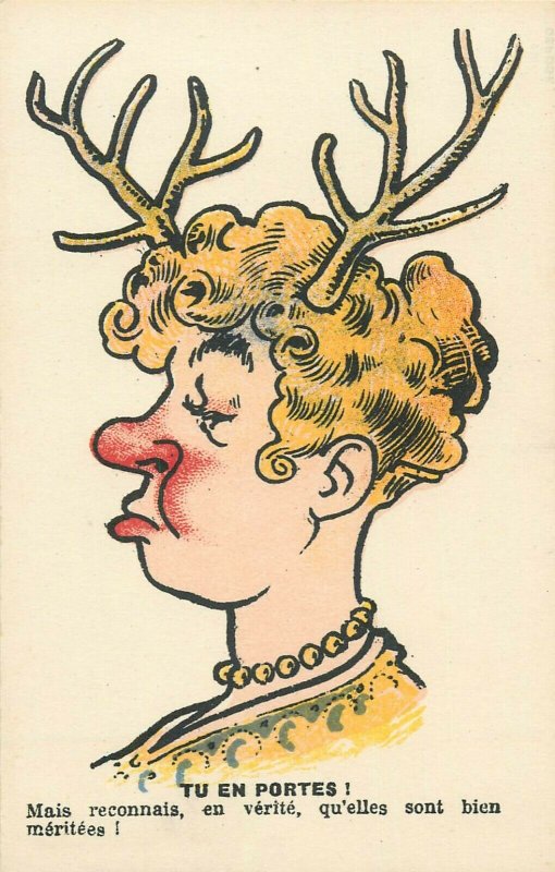 French misoginism humour horned woman caricature horns comic postcard France 