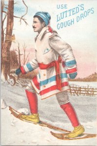 LUTTED'S COUGH DROPS - Antique Victorian Trade Card - Man Snowshoeing