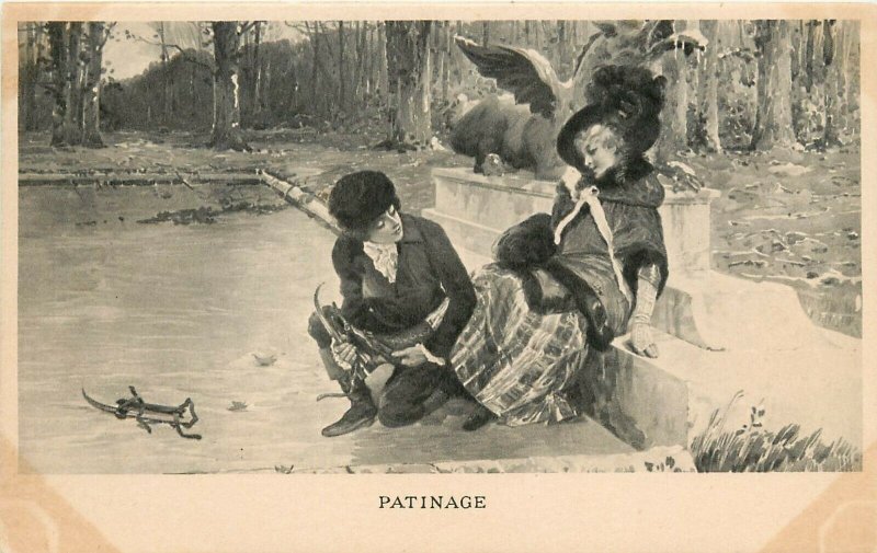 Early French Postcard 'Patinage' Boy Holds Girl's Ankle putting on Ice Skates