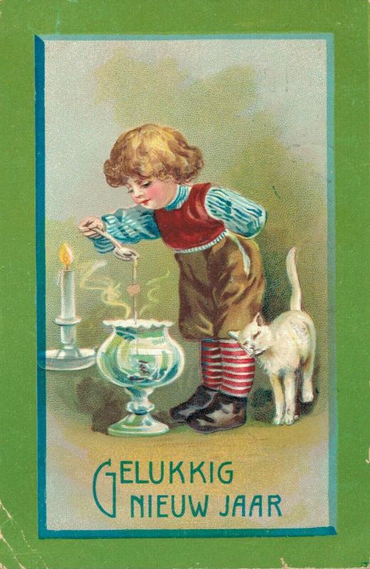 Happy New Year vintage postcard Boy and a cat 02.52