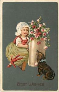 BEST WISHES-LITTLE GIRL WITH VASE OF FLOWERS-DOG-DOLL-191...