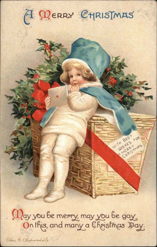 Clapsaddle Little Girl in White w Blue Bonnet 1917 Christmas Seal Postcard