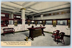 Iowa City IA Postcard First National Bank Farmers Loan Trust Co. Interior c1910