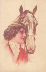 Art Nouveau ALEARDO TERZI portrait of a drawn women with horse vintage postcard