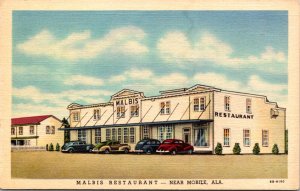 Linen Postcard Automobiles Outside Malbis Restaurant US 90 near Mobile, Alabama