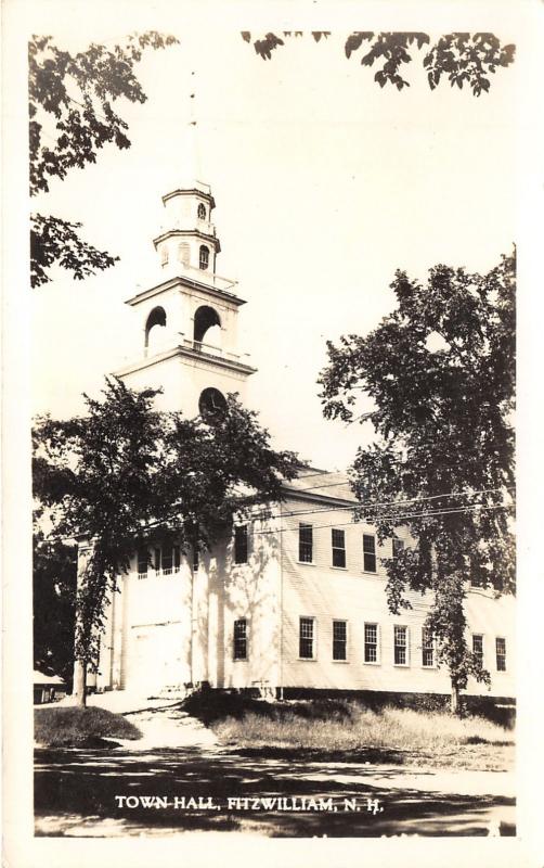 Fitzwilliam New Hampshire~Town Hall~Trees Shading Lawn~1940s RPPC