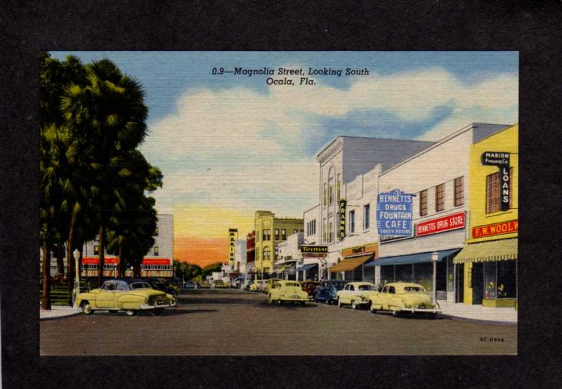 FL Magnolia St Street Ocala Florida Linen Postcard Bennetts Drug Store Franks