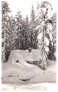 Vintage Postcard Real Photo Winter Time Snow-Capped Pine Trees House Home RPPC