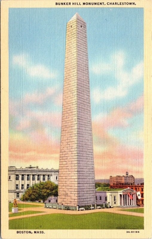 Historic Bunker Hill Monument Charlestown Boston Massachusetts Linen Postcard 