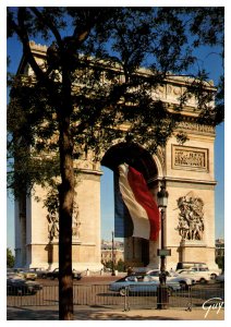 Postcard RPPC  France Paris Arc de Triomphe with flag  old cars