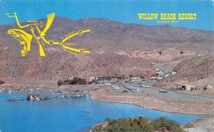 AZ, Arizona  WILLOW BEACH RESORT~MARINA  Bird's Eye View & Small Map Postcard