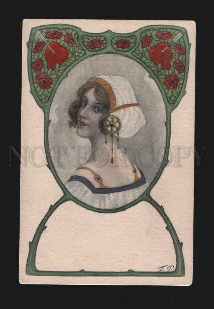 074630 Head of BELLE Woman in ART NOUVEAU by F.T. vintage PC