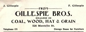 1912 CAMPELLO MASS GILLESPIE BROS DEALER COAL WOOD GRAIN BILLHEAD INVOICE Z1083