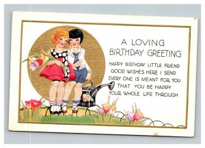 Vintage 1920's Birthday Postcard Gold Silhouette Cute Girls Watering Tulips