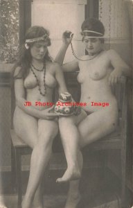 918725-Studio Shot, RPPC, Beautiful Risque Nude French Women Look at Pottery