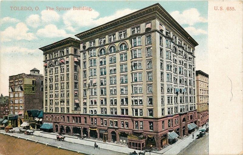 Toledo OhioSpitzer BuildingPattersons CafeShopsBusy Street1910 Postcard