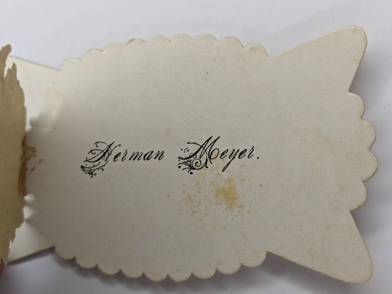 c1880s Herman Meyer Name Calling Card Embossed Hand Dove Die Cut Flap Fancy C34