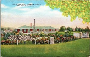 Filtration Plant Rock Garden Iron Mountain Michigan MI Linen Postcard VTG UNP 