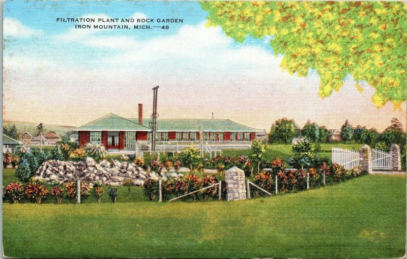 Filtration Plant Rock Garden Iron Mountain Michigan MI Linen Postcard VTG UNP 