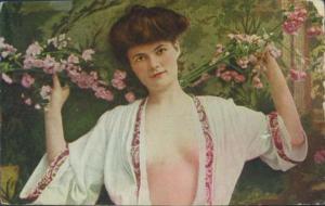 Pretty Woman w Flowers Partial Nude c1910 Postcard