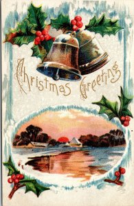 Vtg 1910 Christmas Greetings Winter Scene Lake Holly Bells Holiday Postcard