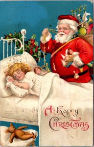 Happy Christmas Postcard Santa Claus Leaving Gifts for Girl Sleeping in Bed