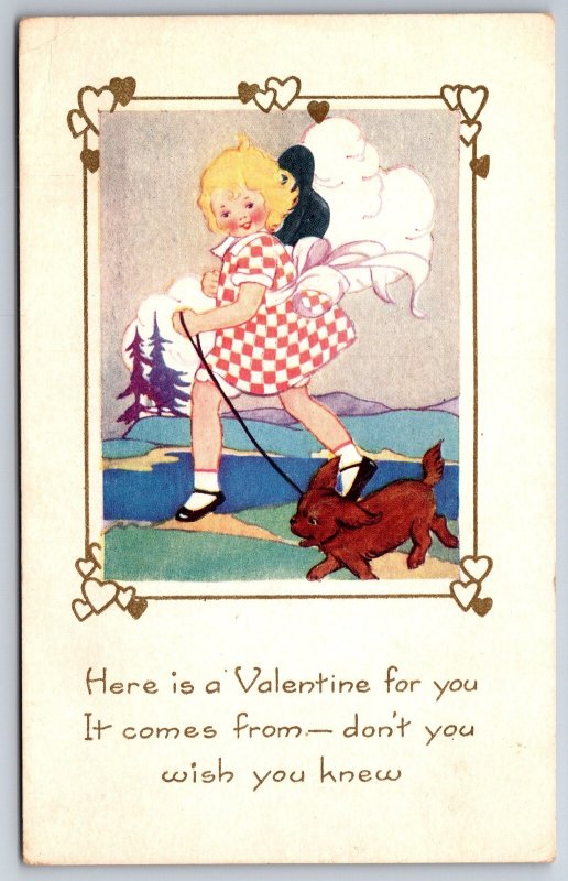 Valentine~ART DECO~Girl Running w/Dog On Windy Day~Guess Who Card~Whitney Made