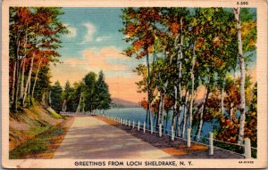 Loch Sheldrake NY autumn birch trees lake road c1930s vtg postcard