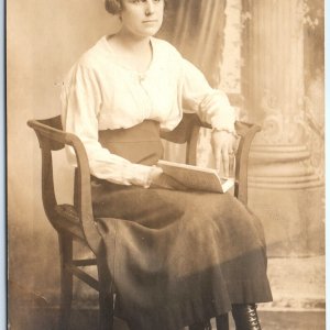 c1910s Waldron Young Girl RPPC w/ Book Kodak Artura Carbon Black Real Photo A128