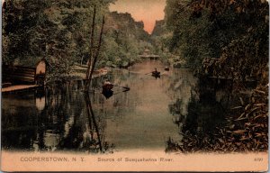 Postcard NY Cooperstown Source Susquehanna River rowboats tinted