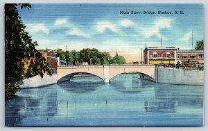 Nashua New Hampshire~Main Street Bridge~Twin Arch~Vintage Linen Postcard