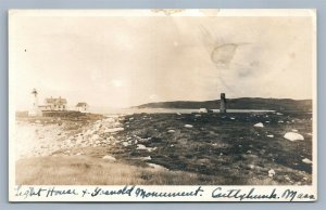 CUTTYHUNK MA LIGHTHOUSE & GOSNOLD MONUMENT ANTIQUE REAL PHOTO POSTCARD RPPC