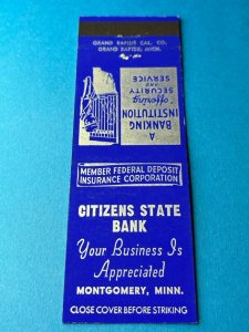 Vintage Matchbook Cover Citizens State Bank Montgomery, Minnesota MB155