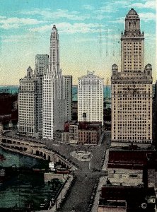 1929 CHICAGO IL WACKER DRIVE CHICAGO RIVER ARIEL SKYSCRAPERS POSTCARD 25-276