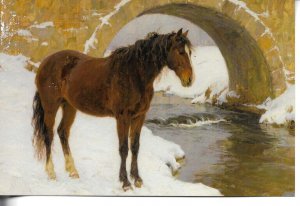 Horse near a bridge  Modern artist drawn postcards. Made in China
