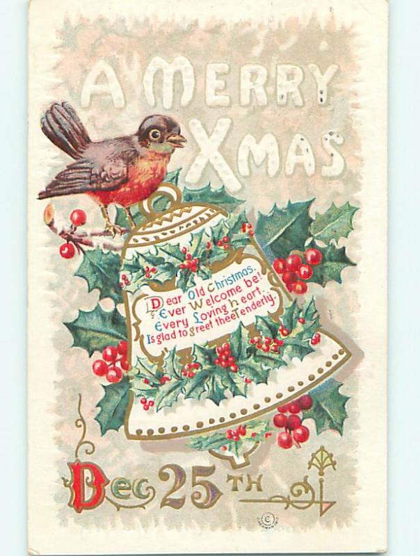 Divided-Back christmas ORANGE & BROWN BIRD SITTING ON BELL r4707