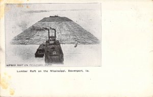 c.'07, Lumber Raft On The Mississippi River,Davenport IA,Old Post Card