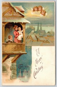 Victorian Christmas~Family on Balcony Over Village~Bible 1 John 2:8~True Light