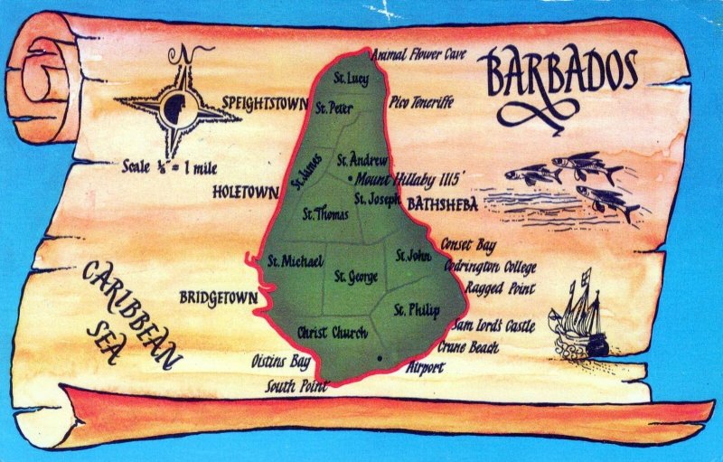 VINTAGE POSTCARD PICTORIAL ANIMATED MAP OF BARBADOS AIRMAILED TO CANADA