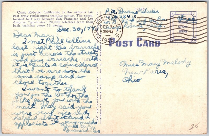 Camp Roberts California CA, 1946 Main Garrison, Barracks, Rolling Hills Postcard
