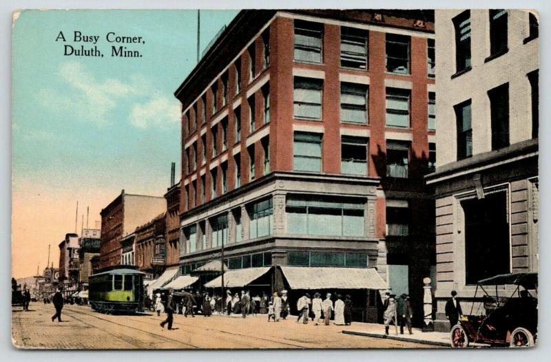 Duluth Minnesota~A Busy Corner~JM Giddding & Co Millinery~Trolley~Barber~1910 