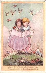 Cute Children Singing in Nature - Birds - Poem c1920 Postcard