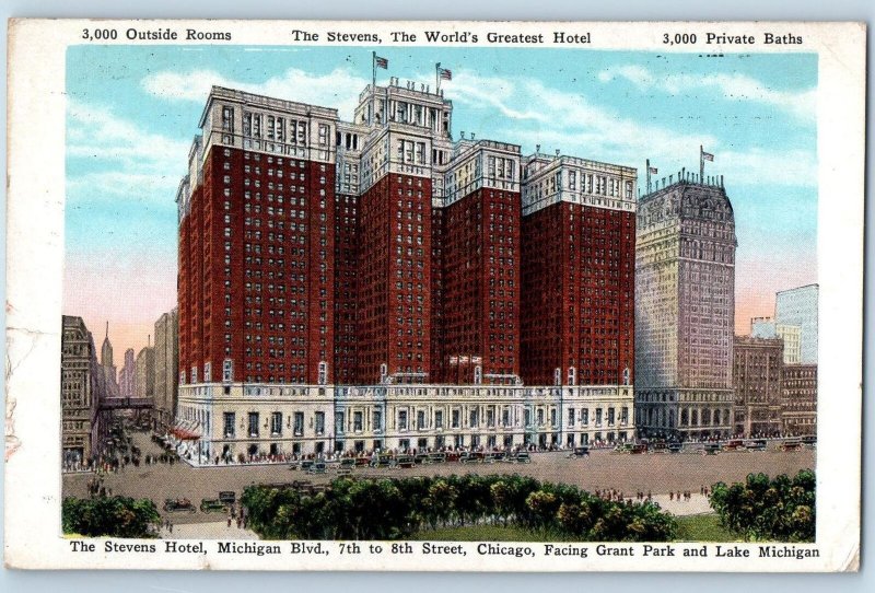 Chicago Illinois IL Postcard The Stevens Hotel Building Exterior c1920s Antique