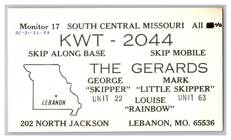 Postcard QSL Radio Card From Lebanon MO Missouri KWT - 2044 