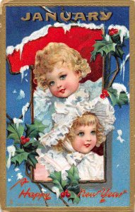 Happy New Year January 1 Small Children 1913 postcard